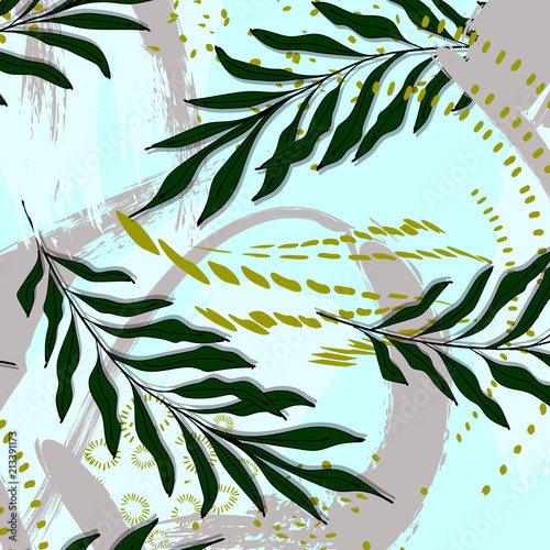 Hand Drawn Palm leaves on crosses background. Surface pattern na