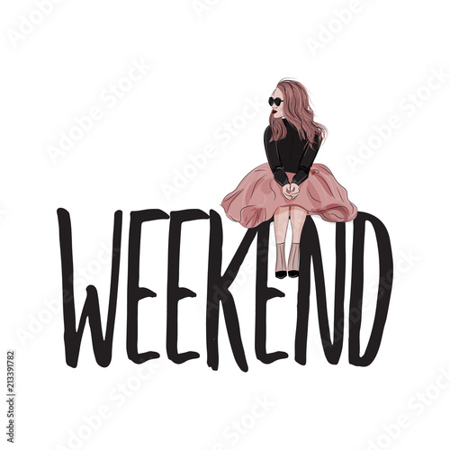 Vector fashion illustration. Weekend text poster with glamour womn sketch. Model in fluffy dress, black sweater and heels print. trendy character decoration.