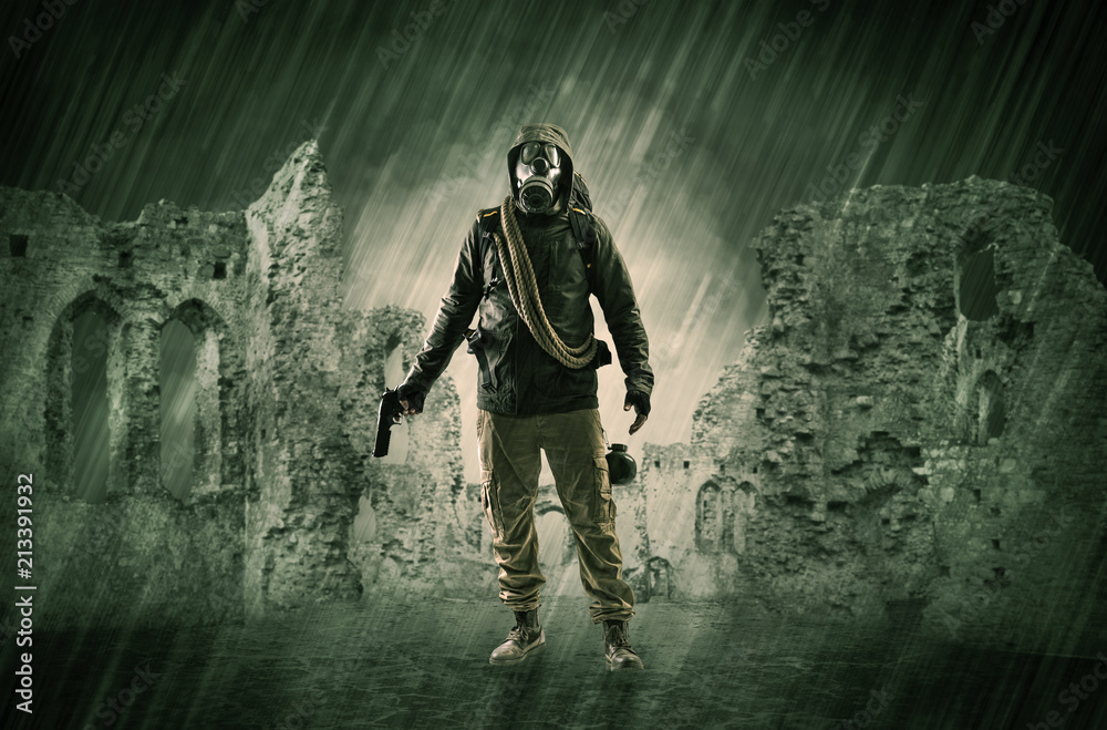 Hazard, menace man in a ruined crumbly building with arms on his hand
Hazard, menace man in a ruined crumbly building with arms on his hand