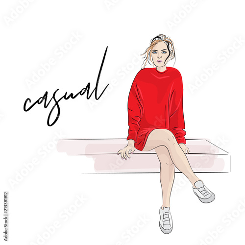 Vector fashion illustration. Girl in red dress wearing sneakers. Casual look print. Street style artwork. Beauty sketch decoration