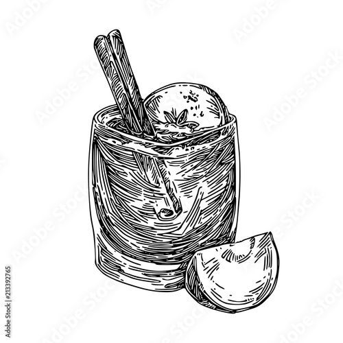 Apple cider in glass. Sketch. Engraving style. Vector illustration.