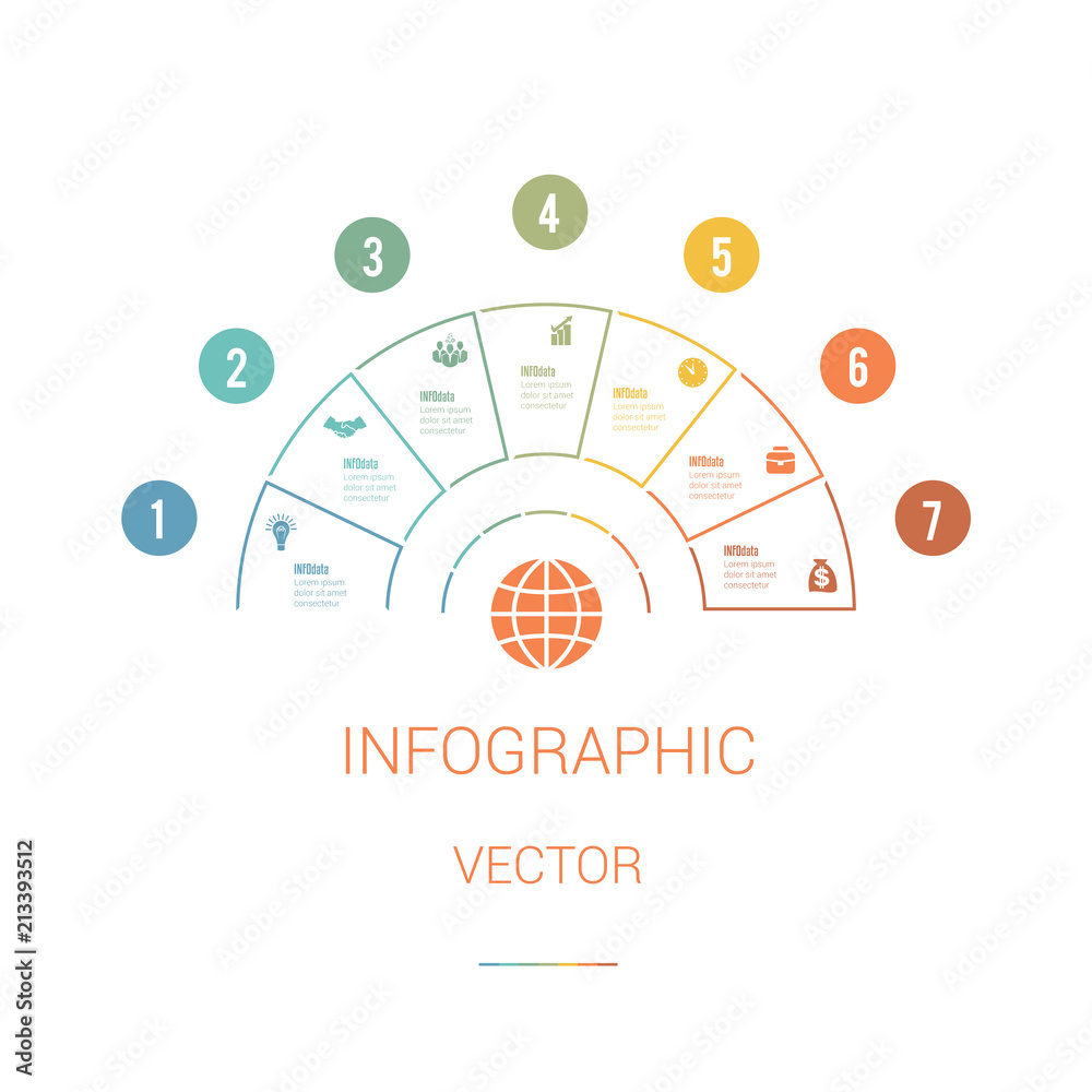 Fototapeta premium Infographic Template Colourful Pie Chart Semicircle with text areas on 7 positions. White Background. Set of business icons. Business Strategy