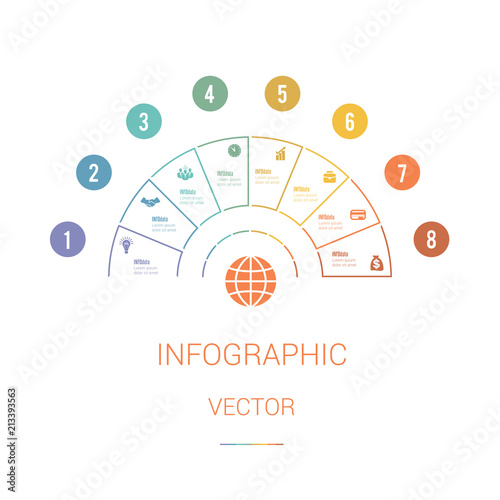 Infographic Template Colourful Pie Chart Semicircle with text areas on 8 positions. White Background. Set of business icons. Business Strategy