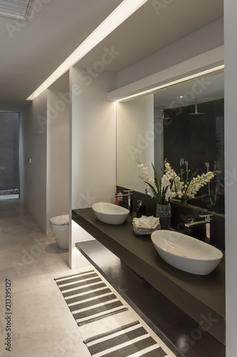 Panorama view of nice modern style bathroom with double sink 