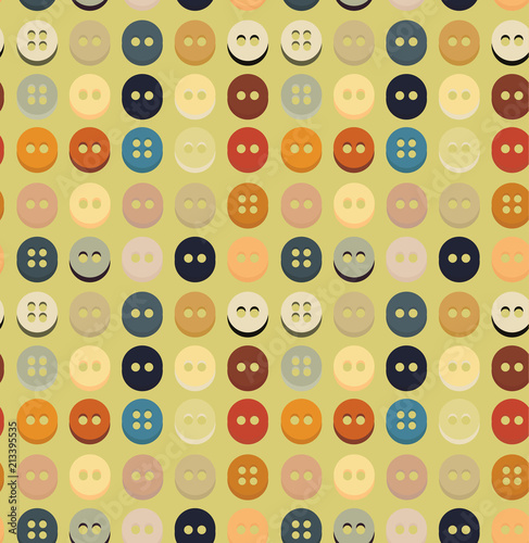 Seamless pattern of Sewing equipment, dressmaking and needlework accessories icons set with buttons. Flat isolated vector illustration. Fashion clothing, sewing, clothing design.