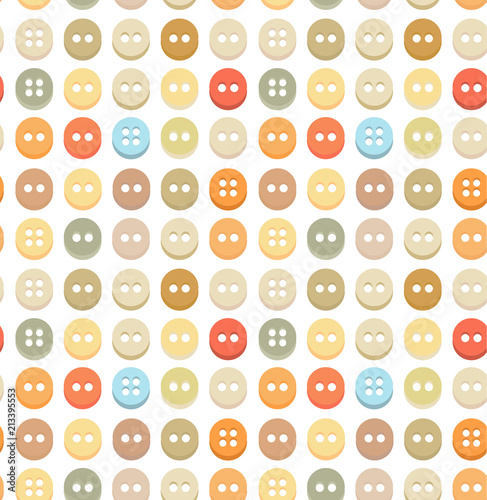 Seamless pattern of Sewing equipment, dressmaking and needlework accessories icons set with buttons. Flat isolated vector illustration. Fashion clothing, sewing, clothing design.