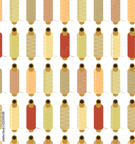 Seamless pattern of Sewing equipment, dressmaking and needlework accessories icons set with buttons. Flat isolated vector illustration. Fashion clothing, sewing, clothing design. © 247920724