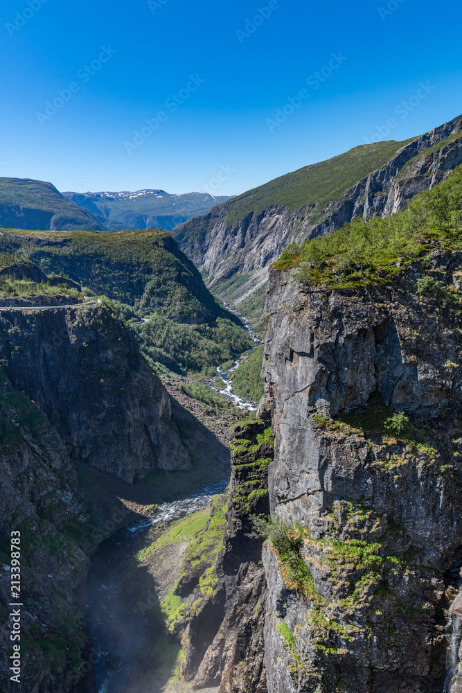 View of the Bjoreio river valley. Vertical frame.National park Hardangervidda, Norway, Europe. 