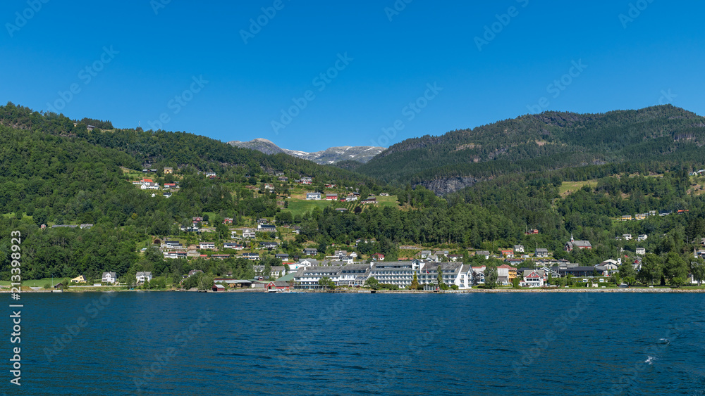 Panorama of the village of Ulvik from fjord.  National park Hardangervidda, Norway, Europe.