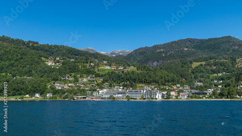 Panorama of the village of Ulvik from fjord.  National park Hardangervidda, Norway, Europe. © a_mikhail