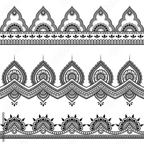 Set of seamless borders for design, application of henna, Mehndi and tattoo. Decorative pattern in ethnic oriental style.