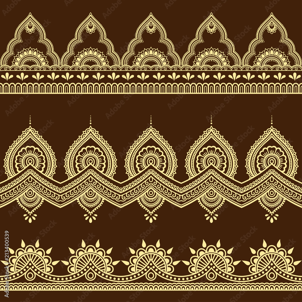 Fototapeta Set of seamless borders for design, application of henna, Mehndi and tattoo. Decorative pattern in ethnic oriental style.