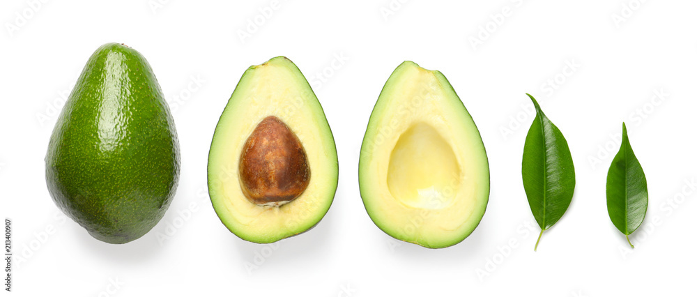 Composition with ripe fresh avocados on white background Composition with ripe fresh avocados on white background