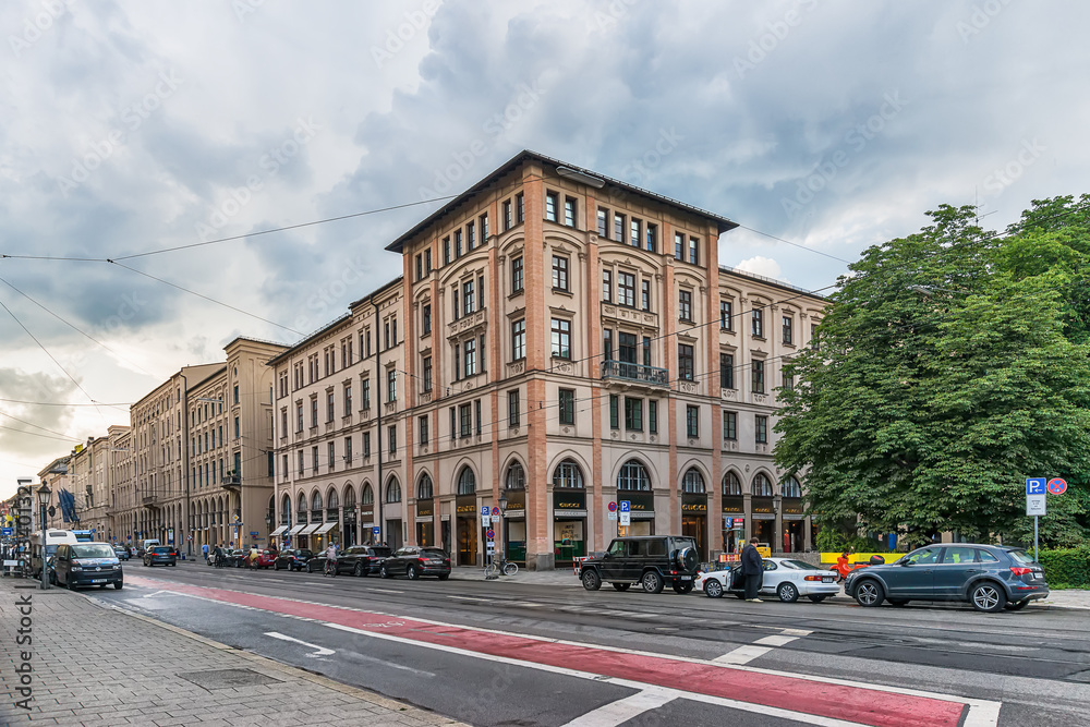 Fototapeta premium Munich, Germany - June 09, 2018: Urban buildings on Maximilianstrasse street in Munich town.