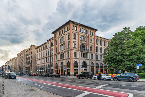 Munich, Germany - June 09, 2018: Urban buildings on Maximilianstrasse street in Munich town.