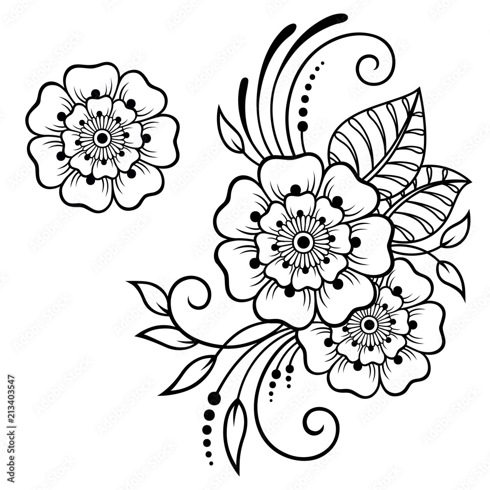 Fototapeta Set of Mehndi flower pattern for Henna drawing and tattoo. Decoration in ethnic oriental, Indian style.