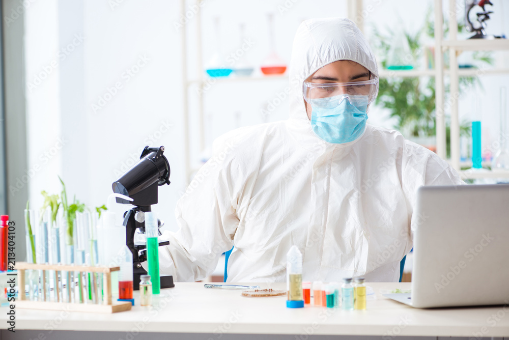 Male biochemist working in the lab on plants Male biochemist working in the lab on plants