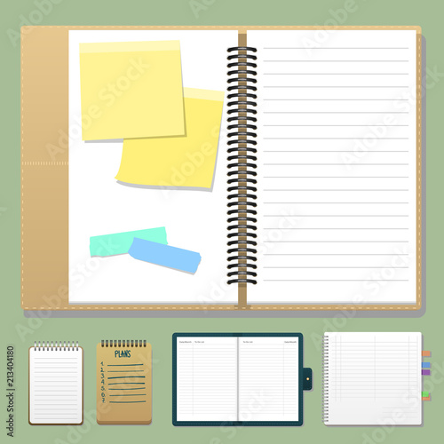 Set of open realistic notebooks with pages diary office sheet template booklet and blank paper education copybook organizer vector illustration.
