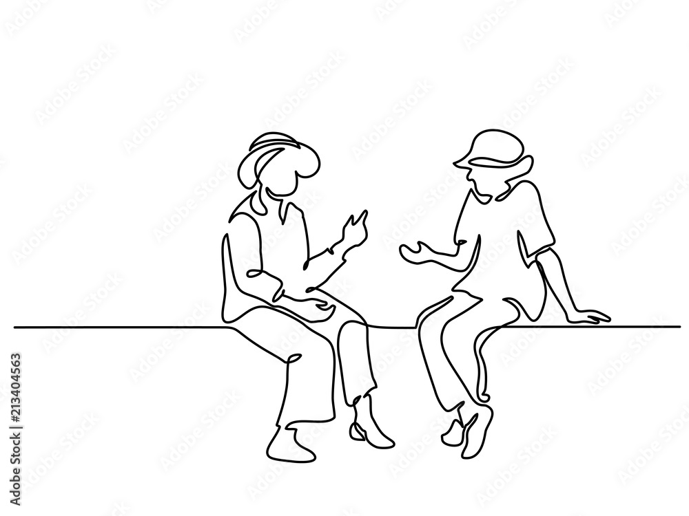 Continuous one line drawing. Two sitting old women talking. Vector illustration