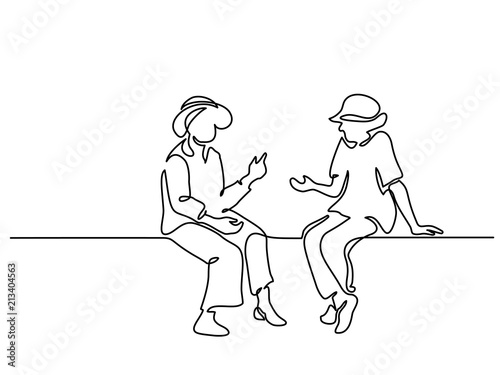 Continuous one line drawing. Two sitting old women talking. Vector illustration