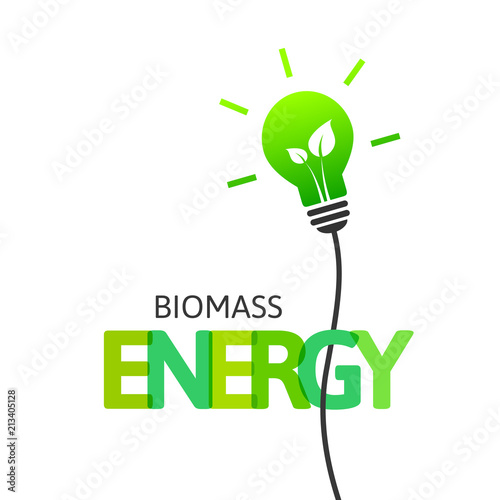 Biomass energy source concept with lightbulb and leaves inside. Integrated text and lettering with multiply blend mode.