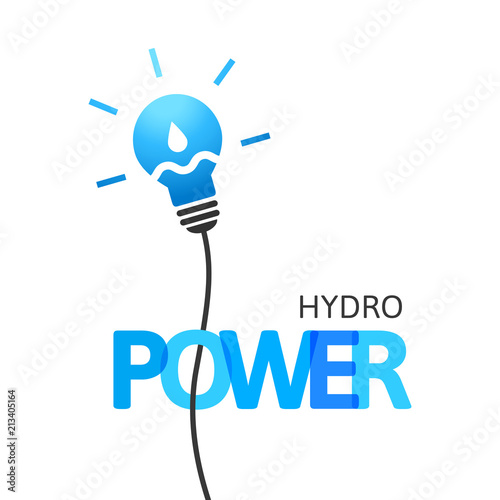 Hydropower concept with lightbulb and water drop with wave inside. Integrated text and lettering with multiply blend mode.