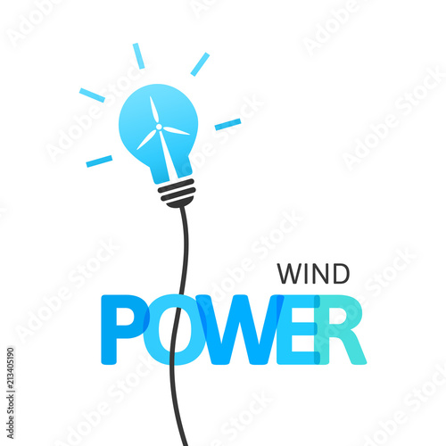 Wind power concept with lightbulb and wind turbine inside. Integrated text and lettering with multiply blend mode.