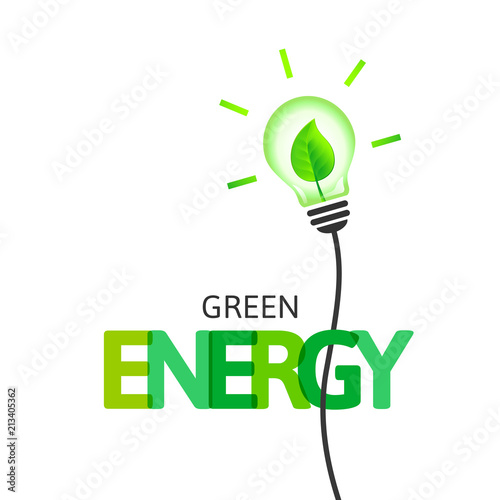 Green energy concept with lightbulb and leaf inside. Integrated text and lettering with multiply blend mode.