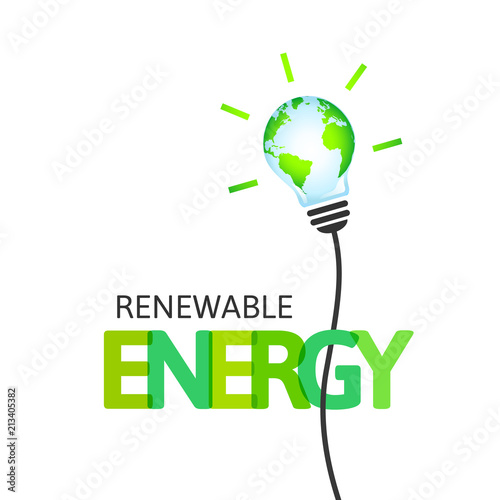 Lightbulb with Planet Earth as renewable energy concept. Integrated text and lettering with multiply blend mode.