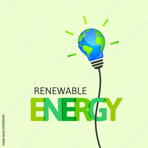 Renewable energy concept with light bulb made of the planet Earth as environment symbol. Integrated text and lettering with multiply blend mode.
