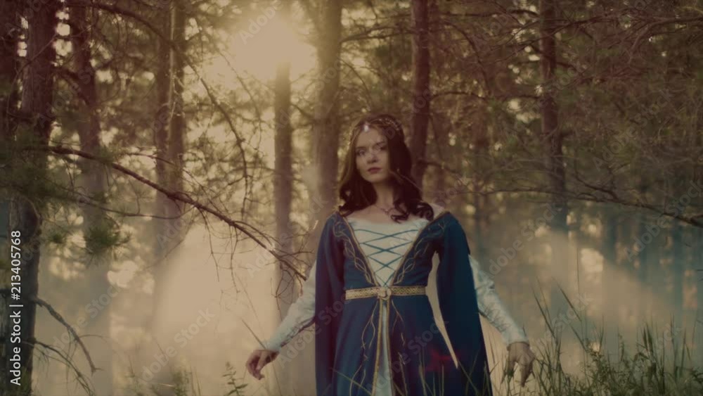 Portrait of a wonderful and mysterious elvish queen walking around in a magical forest. Model enjoying nature in woods. Magical creature. Portrait of a wonderful and mysterious elvish queen walking around in a magical forest. Model enjoying nature in woods. Magical creature.