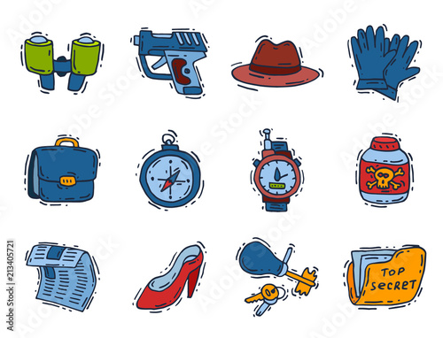 Spy icons vector cartoon detective set mafia agent binoculars or spyglass for spying or secret investigation illustration isolated on white background
