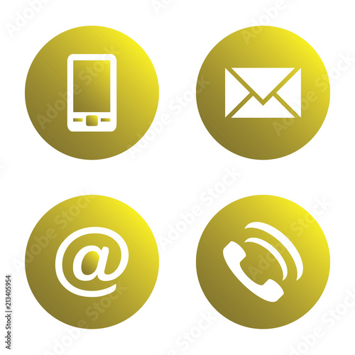 Vector icon set: yellow spherical communication icons - mobile phone, envelope, e-mail address, phone	