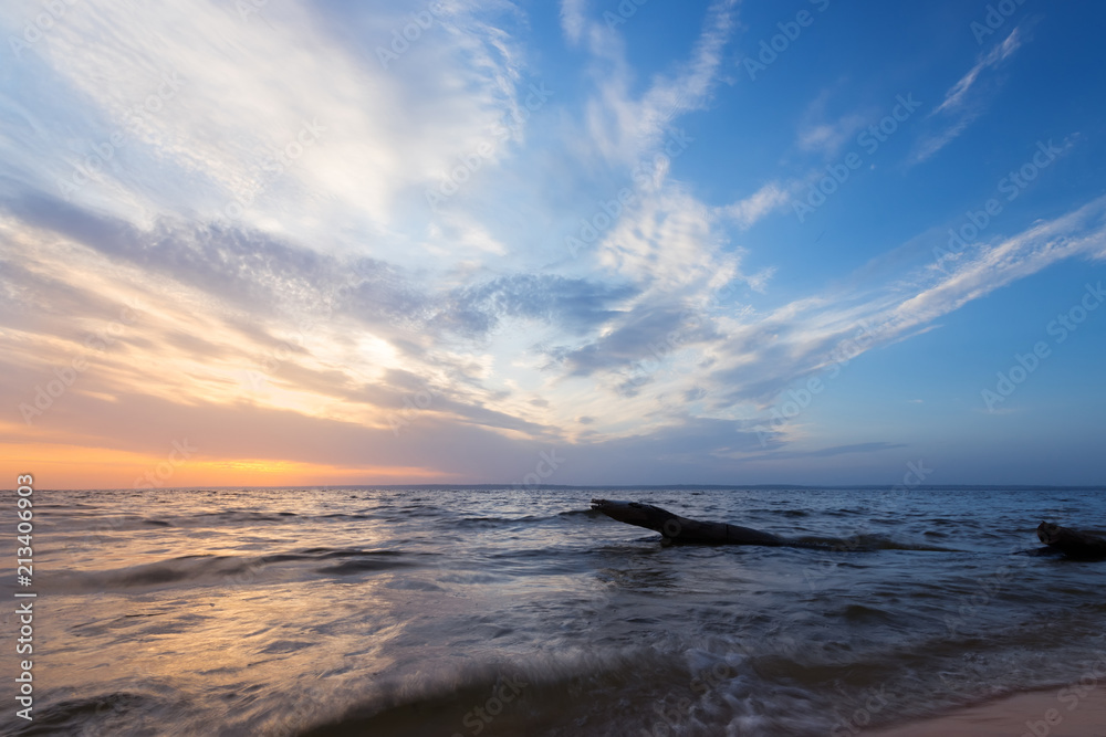 Obraz premium morning dawn log on the shore / calm water river near the city