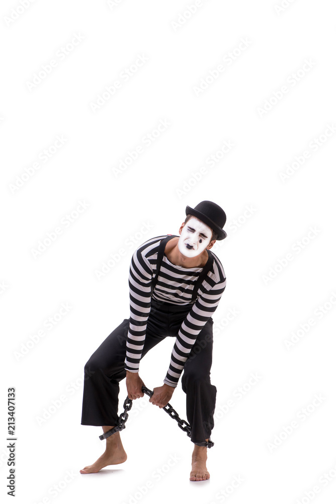 Mime with his feet chained isolated on white Mime with his feet chained isolated on white