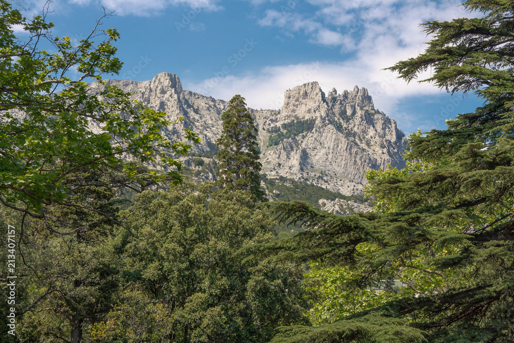 The famous AI Petri mountain in the Crimea, which is visited by many tourists. View of the mountain from Vorontsov castle