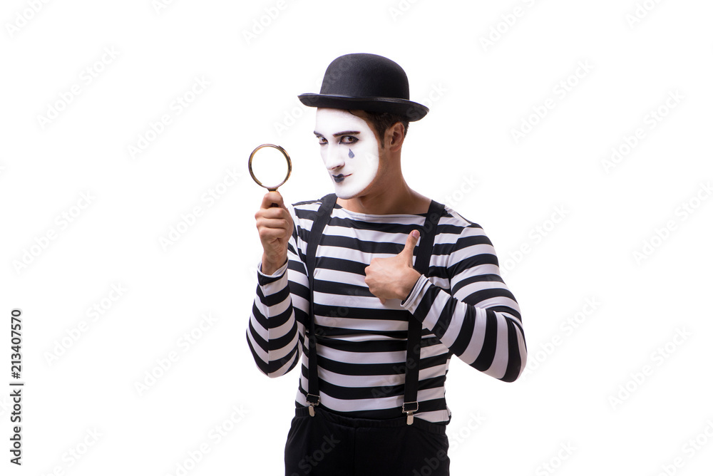 Mime with loupe isolated on white background