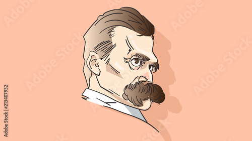 Coloured vector portrait of great philosopher, poet and cultural critic Friedrich Nietzsche, Hand drawn sketch drawing, colourful illustration.