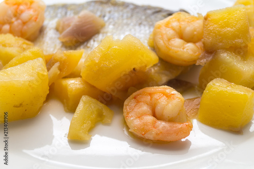 fish dish  shrimp sea bass and potatoes