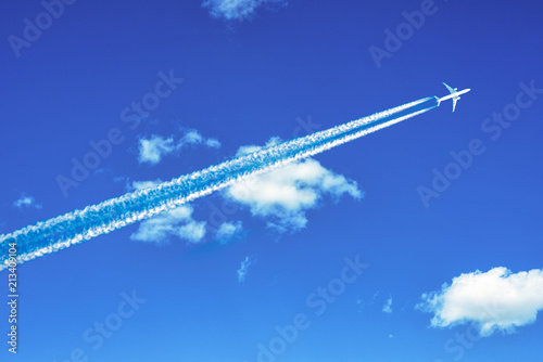 Jet airplane flying on blue cloudy sky wallpaper background
