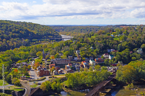An aerial view on Harpers Ferry historic town and park, West Virginia, USA. Early autumn landscape with Potomac and Shenandoah rivers. © avmedved