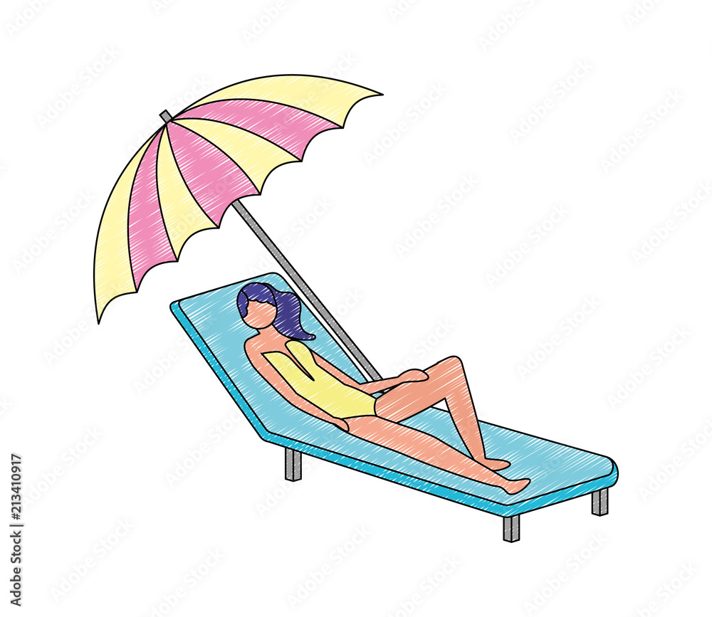 woman in swimsuit on the deck chair with umbrella