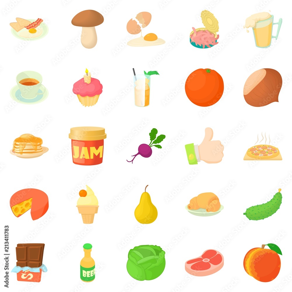 Afternoon snack icons set. Cartoon set of 25 afternoon snack vector icons for web isolated on white background Afternoon snack icons set. Cartoon set of 25 afternoon snack vector icons for web isolated on white background