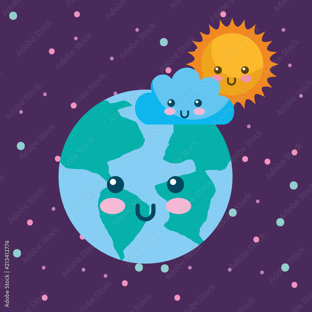 planet earth sun and cloud kawaii weather