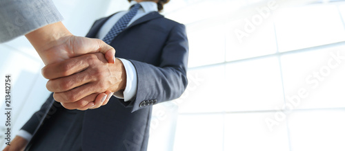 Fotografie Excited smiling businessman handshaking partner at meeting,