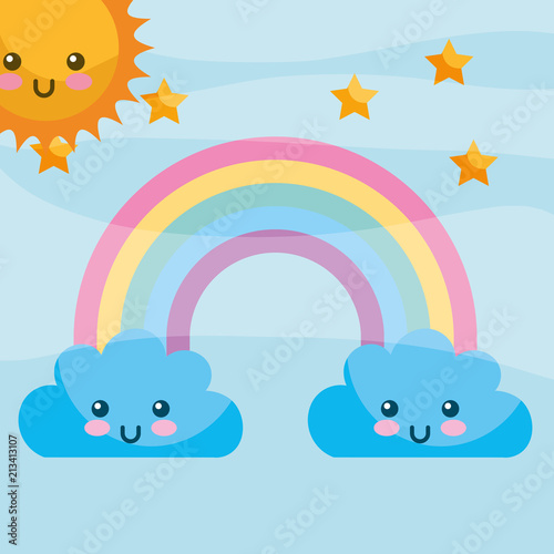 kawaii clouds rainbow stars cartoon