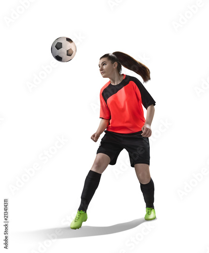 female soccer making a header