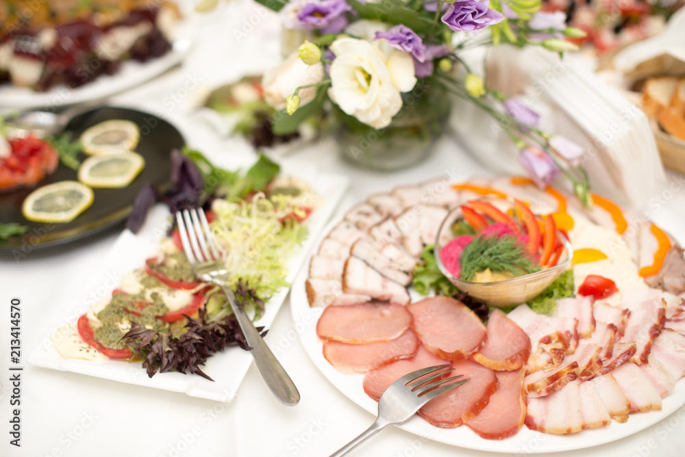 Ham, balyk, cheese, sauce with snacks on a plate. Fresh and delicious food for catering. Ham, balyk, cheese, sauce with snacks on a plate. Fresh and delicious food for catering.