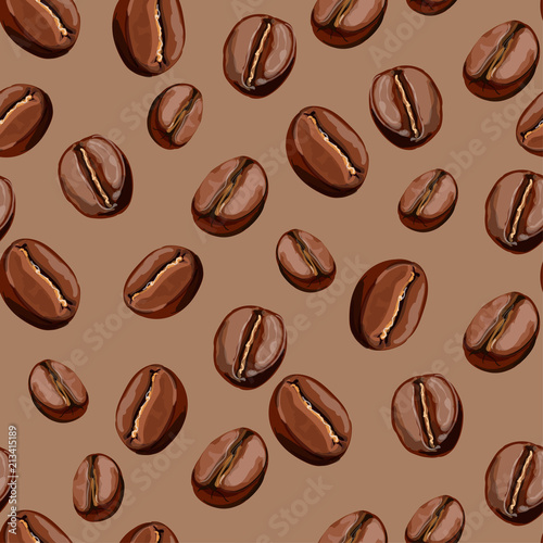 Vector seamless pattern with close-up coffee beans. Background on coffee theme.