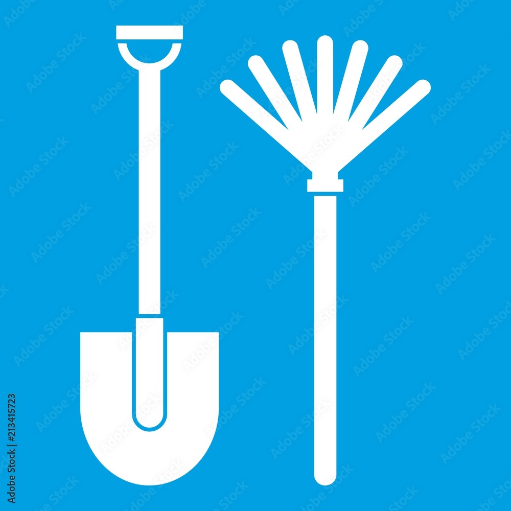 Rake and shovel icon white isolated on blue background vector illustration